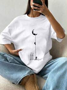 Camiseta de moda femenina de verano de manga corta camiseta de moda casual al aire libre 'astronautas en la luna' camisa casual femenina con estampado relajado - Blanco - Ver 1
