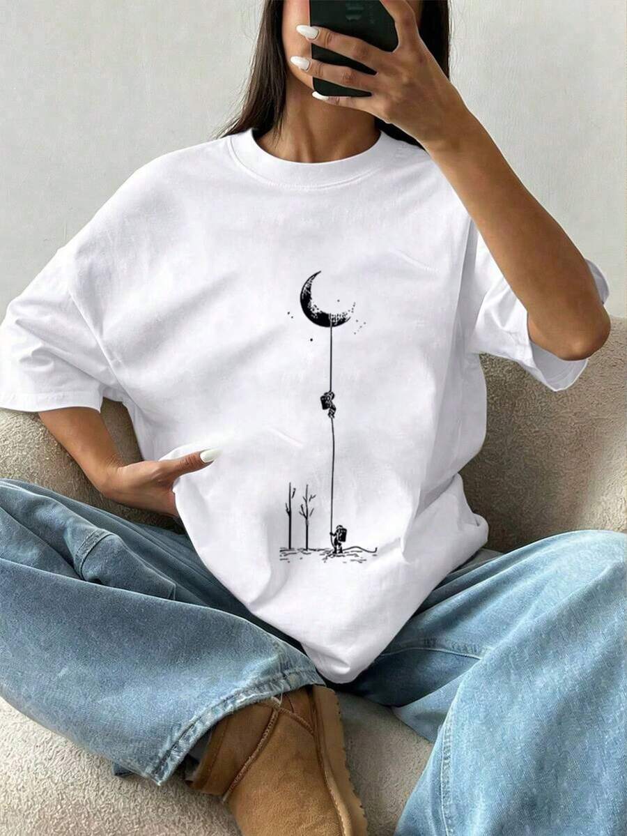 Camiseta de moda femenina de verano de manga corta camiseta de moda casual al aire libre 'astronautas en la luna' camisa casual femenina con estampado relajado - Blanco - Ver 1