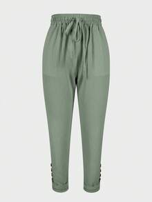 Drawstring Waist Slant Pocket Button Decor Casual Tapered Pants, Work To Weekend - Matcha Green - View 2