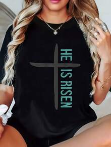 Camiseta de manga corta para mujer, modelo 2026, con estampado de motivos religiosos a la moda, tela suave de mezcla de poliéster, cuello redondo, camiseta casual para primavera/verano. - Negro - Ver 1