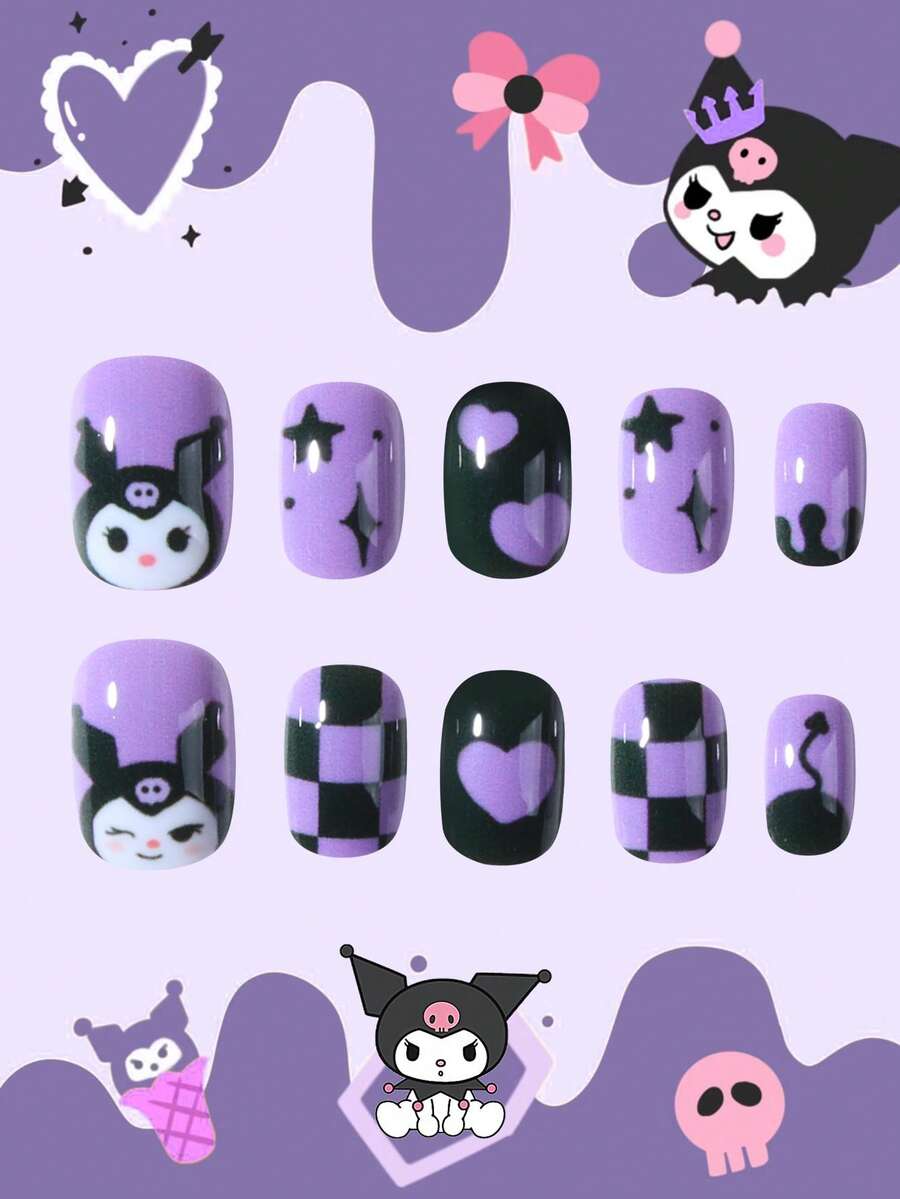 SANRIO 24片Y2K风格方形Kuromi美甲贴纸，印有可爱的Kuromi、星星和爱心图案，完美贴合人造指甲，适合女性和女孩日常Hello Kitty美甲。 - 彩色 - 查看 1