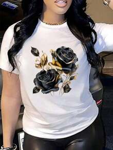 Camiseta de manga corta con cuello redondo para mujer, corte holgado, casual y versátil.Presenta estampados de letras minimalistas modernos, elegantes y exquisitos, lo que lo hace perfecto como prenda básica; está hecho de tela suave con excelente caída. - Blanco - Ver 2