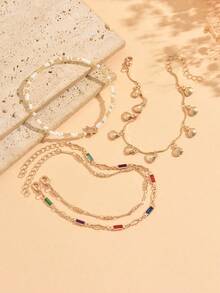 4pcs/Set Gelang Kaki Manik Kristal Warna-warni, Perhiasan Gelang Kaki Multilayer Rumbai Kerang dan Bintang Laut yang Modis dan Serbaguna, Cocok untuk Pemakaian Sehari-hari, Liburan Pantai, Pesta, Festival Musik - MultiWarna - View 3