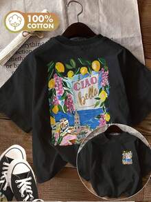 [Double-Sided Printing] Women's Casual Summer Top, Fresh Style, Floral Lemon Print, "Ciao Bella" Print, Pure Cotton Round Neck Short-Sleeved T-Shirt[LangK]-T Shirt Damen - Black - View 1
