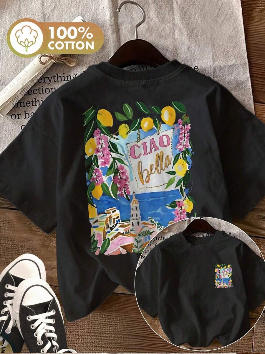 [Double-Sided Printing] Women's Casual Summer Top, Fresh Style, Floral Lemon Print, "Ciao Bella" Print, Pure Cotton Round Neck Short-Sleeved T-Shirt[LangK]-T Shirt Damen - Black - View 1