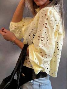 Camisa de mujer de un solo pecho bordada, para uso casual y diario, ideal para vacaciones de verano - Amarillo - Ver 6