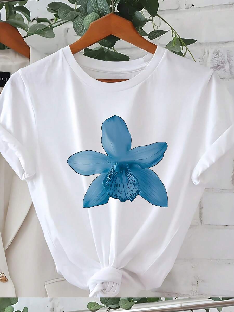 Plus Size T-Shirt With Floral Fish Print, Casual Short Sleeve Round Neck Top, Plus Size Clothing For Women Spring/Summer - Unisex Loose Cotton Short Sleeve Round Neck Urban Vintage Style T-Shirt. - 白色 - 查看 1