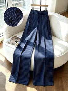 Nuevos pantalones de estilo coreano de primavera/verano, minimalistas y elegantes, de lino a rayas azul y blanco, de cintura alta, estilizadores, de pierna recta y sueltos, informales para mujer - Azul marino - Ver 8