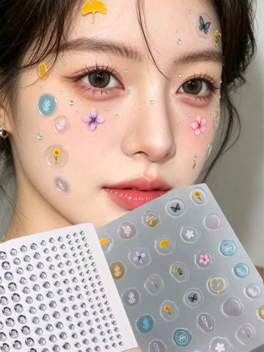 音乐节必备单品！水钻透明泡泡花脸贴，打造柔和透亮妆容，轻松打造韩式水光妆 - 彩色 - 查看 1