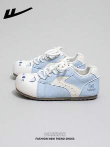 WARRIOR Women's Thick Sole Lace-Up Soft Bottom Casual Sneakers, Low-Top Flat Outdoor Shoes, Summer Commuter Shoes, Round Toe Elegant Soft Sole For Outings, Hiking, Students, Graduation Photos, Microfiber Skate Shoes - Blue - View 1