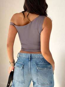 Blusa de verano de color liso, de hombro oblicuo y manga corta para mujer - Púrpura polvoriento - Ver 2