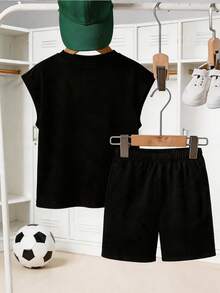 Tween Boys Colorful GOAT Letter Print Black Sleeveless T-Shirt + Shorts 2-Piece Sporty Loose Outfit - Black - View 2