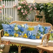 4pcs Set Simple Daily Blue & White Porcelain Lemon Pattern Throw Pillow Cover, Single-Sided Printed Peach Velvet Material, 45*45CM Cushion Cover Suitable For Modern Minimalist Sofa Living Room Decor, Gift, Party Decoration - Multicolor - View 8