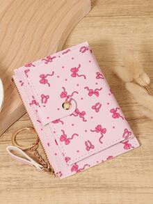 Portefeuille pliable mignon à imprimé nœud rose rouge, avec fermeture éclair tout autour et porte-clés en chaîne, fentes pour cartes multiples + poche à pièces + fenêtre d'identification, compact et unisexe pour un usage quotidien, les voyages et les achats, accessoire kawaii pour cadeau d'anniversaire - Rose vif - Voir 3