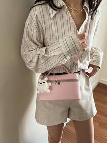 Dedoo 1 Set Women Plain Embossed PU Square Crossbody Bag & Wallet, Fashionable Cream Color Suitable For Daily Use - Pink - View 8