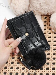 Cartera plegable con cierre de presión de cocodrilo negro, portador de tarjetas con múltiples ranuras, ventana de identificación y bolsillo con cremallera para monedas, decorado con pompón y llavero, organizador minimalista y compacto unisex para uso diario, viajes, compras, escuela, transporte, perfecto como regalo de cumpleaños o Navidad para mujeres, hombres, niñas y adolescentes - Negro - Ver 9