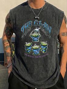 Disney Toy Story Aliens "The Claw" Officially Licensed Men's Sleeveless Graphic Tee, 100% Cotton 230g Washed Vintage Casual Shirt - 黑色 - 查看 1