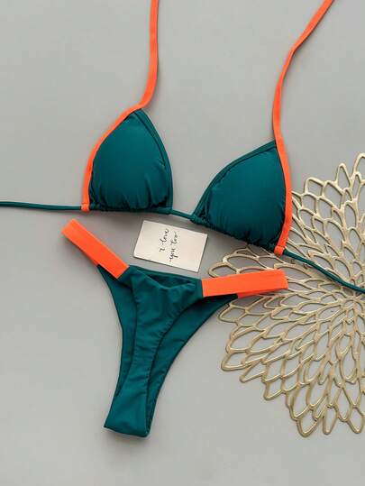 Conjunto de bikini con cuello de corbata y espalda descubierta de colores contrastantes