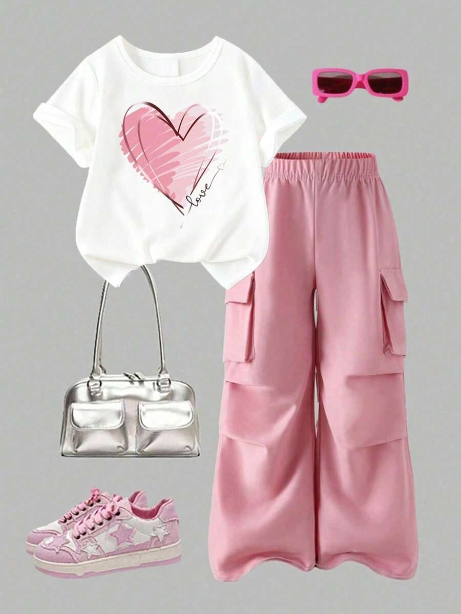Toddler Girls' Cartoon Print Round Neck Short Sleeve Top And Cargo Pants Set - White - View 1