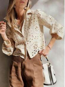 Camisa de mujer de un solo pecho bordada, para uso casual y diario, ideal para vacaciones de verano - Camel - Ver 5
