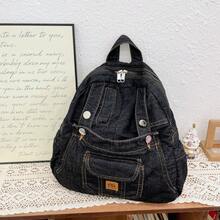 Mochila mini de mezclilla lavada vintage Y2K con bolsillos con cordón, adecuada para el estilo callejero estudiantil - Multicolor - Ver 13