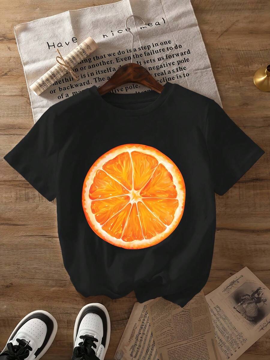 Women's Bright Orange Short Sleeve T-Shirt, Citrus Fruit Print - Casual Summer Top With Round Neck, Lightweight And Machine Washable, Versatile Casual Wear Suitable For Spring And Summer (Orange Design) - Unisex Loose Fit Cotton Short Sleeve Round Neck T-Shirt, Urban Vintage Style. - 黑色 - 查看 1