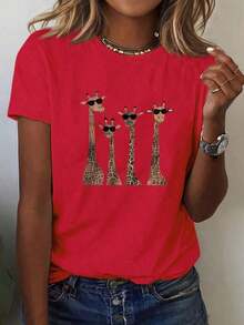 Soft 100% Cotton T-Shirt, Plus Size Women's Fashion Clothing, Short Sleeve T-Shirt With Giraffe And Eyelash Print For Casual Outfits, Women's Cheetah Print T-Shirts, Tops For Summer And Spring, Christmas, Versatile Everyday Items, Breathable Cotton T-Shirt, Matches Everything. - 紅色 - 查看 6