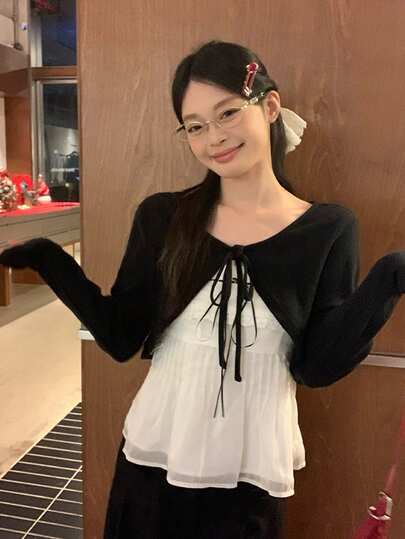 女士时尚百搭纯色披肩领长袖针织毛衣