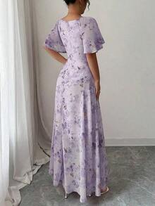 Mini vestido de mujer dulce estilo francés con estampado de mariposas moradas, mangas de murciélago y cremallera trasera - Lavanda - Ver 2