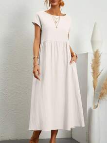 Vestido largo holgado de lino y algodón para mujer, prenda elegante y lisa de manga corta con cuello redondo, Estilo Vintage Harajuku, Y2K - BLANCO - Ver 6