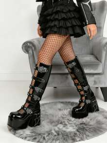 Y2k Style Women's Knee High Boot Solid Color  Buckle Round Toe Punk Motorcycle Nightclub Cosplay Shoes - 黑色 - 查看 7