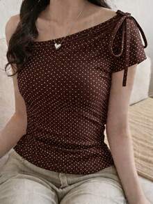 SCARLUX 秋季 Y2K 女款基礎棕色波點掛脖綁帶露肩短袖上衣，修身 T-shirt，適合返校季日常街頭穿搭 - 棕色 - 查看 9