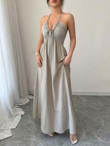 Vestido línea A con escote halter, cordones y espalda descubierta - Gris - Ver 5