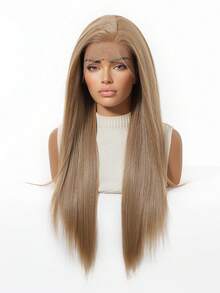 24英吋 13*6蕾絲前沿棕色長直合成髮女用假髮，進口耐高溫纖維，自然逼真頭皮，免膠水、預拔髮、漂白髮結，易佩戴，適合日常穿著與辦公工作 - 棕色 - 查看 7