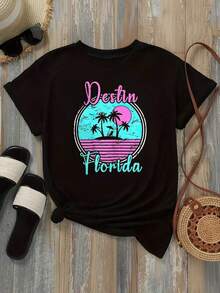 Women's-Shirt Retro Beach Style Black White Options Destin Florida Trees Sunset Graphic Print Casual Daily Wear Shirts Summer Tops Graphic Tees Summer Fits Women Graphic Tees Women Crop Tops Tops Women Vintage Cotton Cute Clothes Womensummer Outfits For Women - 白色 - 查看 7