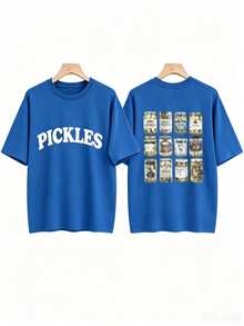 [Olive Green Sweatshirt] Soft Olive Green Crewneck Sweatshirt |     PICKLES Letter Print & Pickle Jar Graphic - Mid-Stretch Fabric, Machine Washable - 藍色 - 查看 4