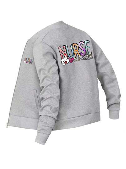 Nurse-Themed Casual Long-Sleeved Stand-Collar Jacket With Nurse Letter Print, Suitable For Spring/Autumn/Winter/Summer, A Perfect Gift For Friend.Women Stand-Collar Jacket Women Tops,Acation Outfits Women,Athletic Zip-Up, Nurse Pride Gift, Summer Outfits For Women,Free Shipping