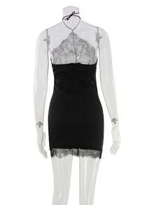 Vestido ajustado con encaje cuello halter estilo sensual primavera - Negro - Ver 6