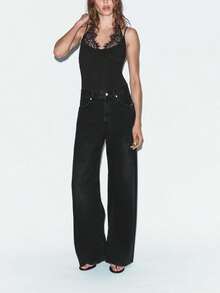 Body de Encaje Chic con Espalda Halter - Top Negro de Ajuste Delgado con Escote Cuadrado y Doble Tirante - Negro - Ver 4