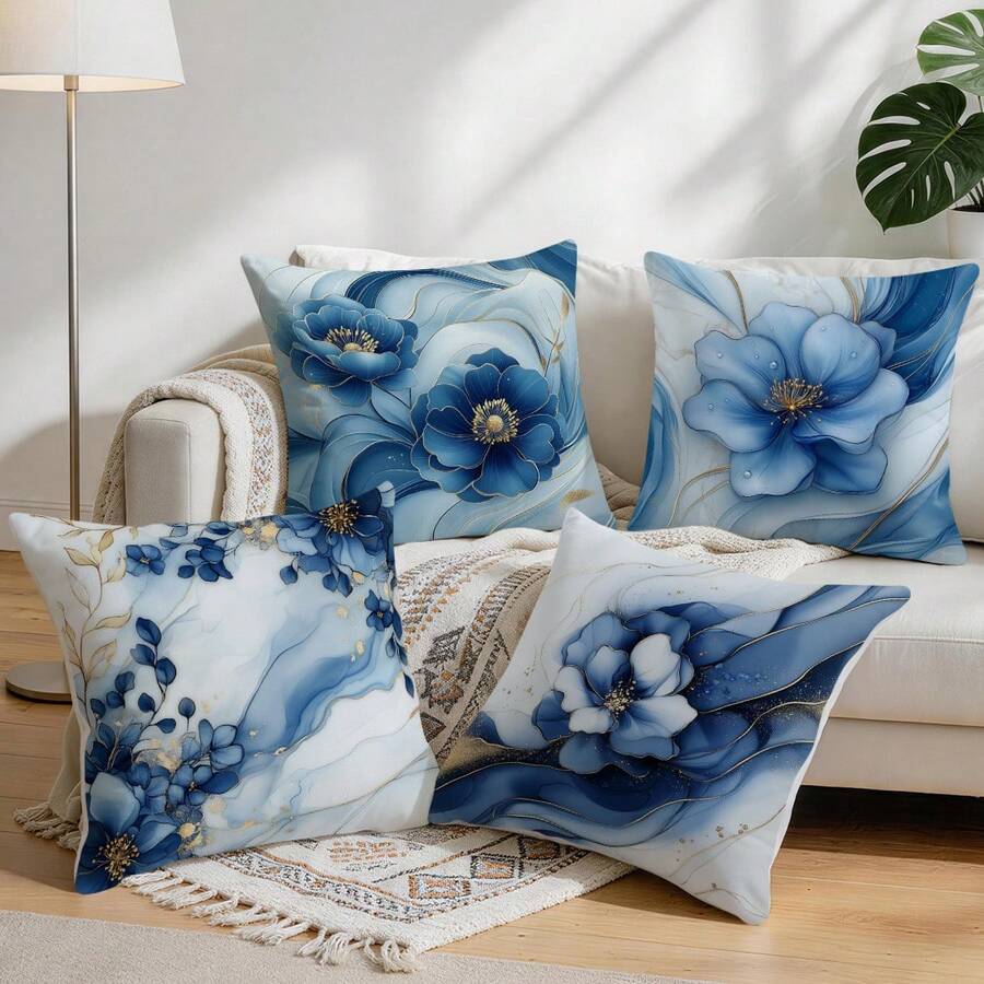 4pcs Marble Floral Pattern Cushion Cover Set, Single-Sided Printed Throw Pillow Covers For Living Room Sofa Bedroom, 40x40cm/45x45cm/50x50cm, Pillow Insert Not Included - Multicolor - View 1