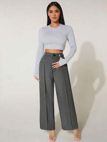 Pantalones de vestir de cintura alta y pierna ancha de 100% algodón para verano - Gris - Ver 6