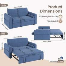 Jooli H 2 Seater Sofa Bed, 3-In-1 Convertible Velvet Pull Out Sleeper Sofa With 3-Position Adjustable Backrest, Side Pockets For Living Room, Guest Room, Blue - Blue - View 3