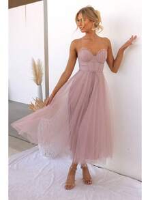 Cami Tulle Midi Dress With Corset Bodice, Sweetheart Neckline, Tie Waist Detail, Flared A-Line Skirt, Bridesmaid & Formal Party Wear - 粉色 - 查看 7