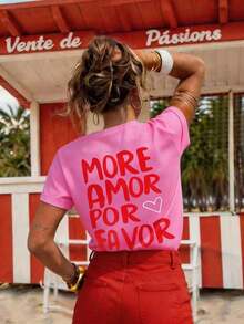 Camiseta de mujer, camiseta de manga corta con gráfico de estilo casual de calle, top de verano lindo - Rosa Fucsia 2 - Ver 6