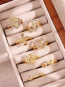 7pcs/Set Exquisite Vintage Elegant Versatile Unique Cross & Heart Design Rhinestone Gold Rings Set, Suitable For Women's Daily, Festival, Party Jewelry - Multicolor - View 4