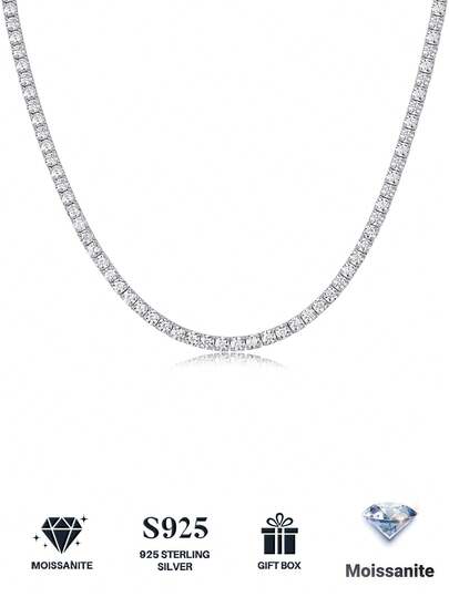 1 件 925 纯银莫桑石网球项链，女士锁骨链，母亲节、情人节、订婚、婚礼、周年纪念、生日礼物，日常佩戴