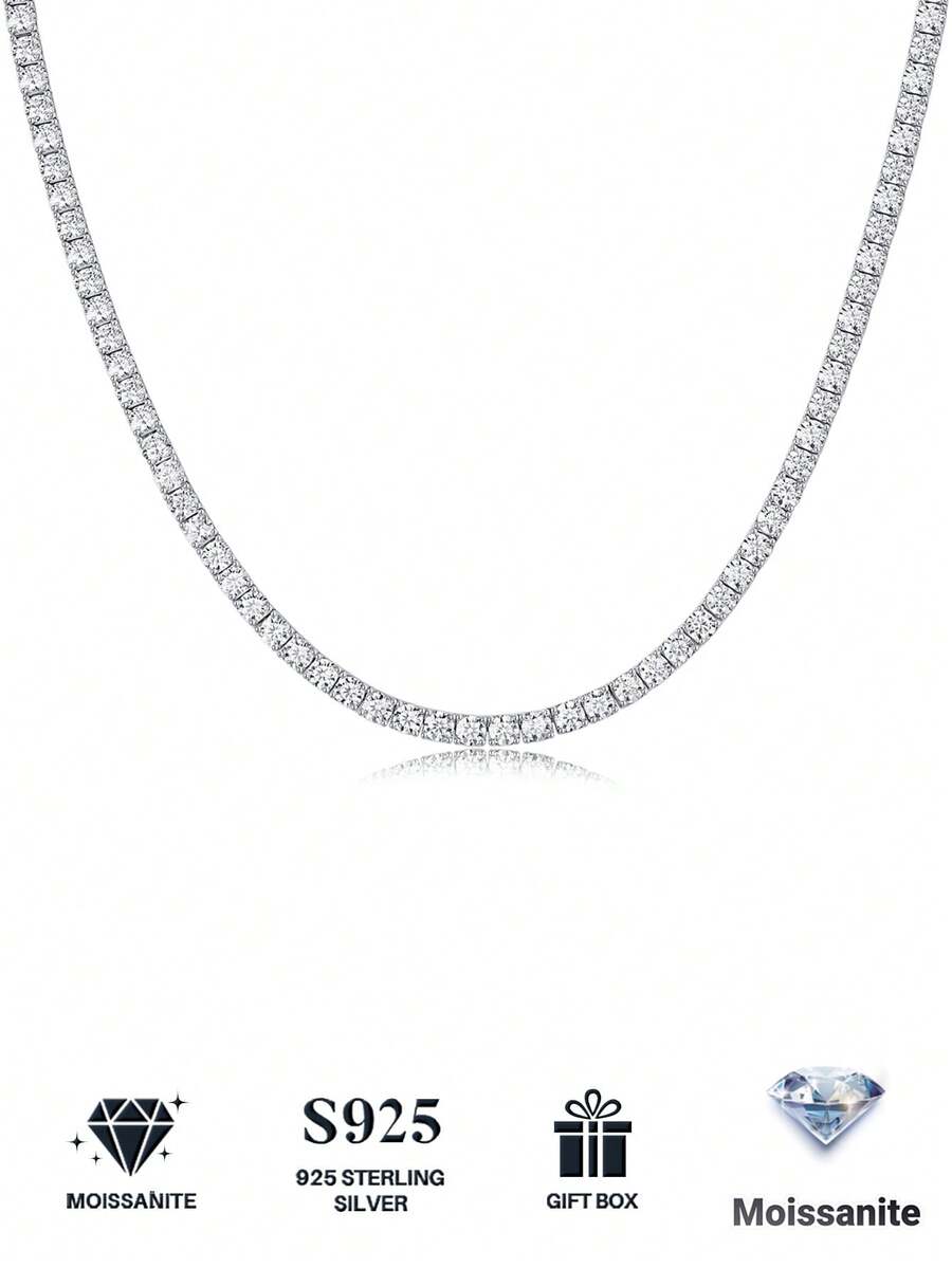 1 chiếc vòng cổ tennis Moissanite bạc Sterling 925, dây chuyền xương đòn nữ, Ngày của Mẹ, Ngày lễ tình nhân, Lễ đính hôn, Đám cưới, Kỷ niệm, Quà tặng sinh nhật, Trang phục hàng ngày