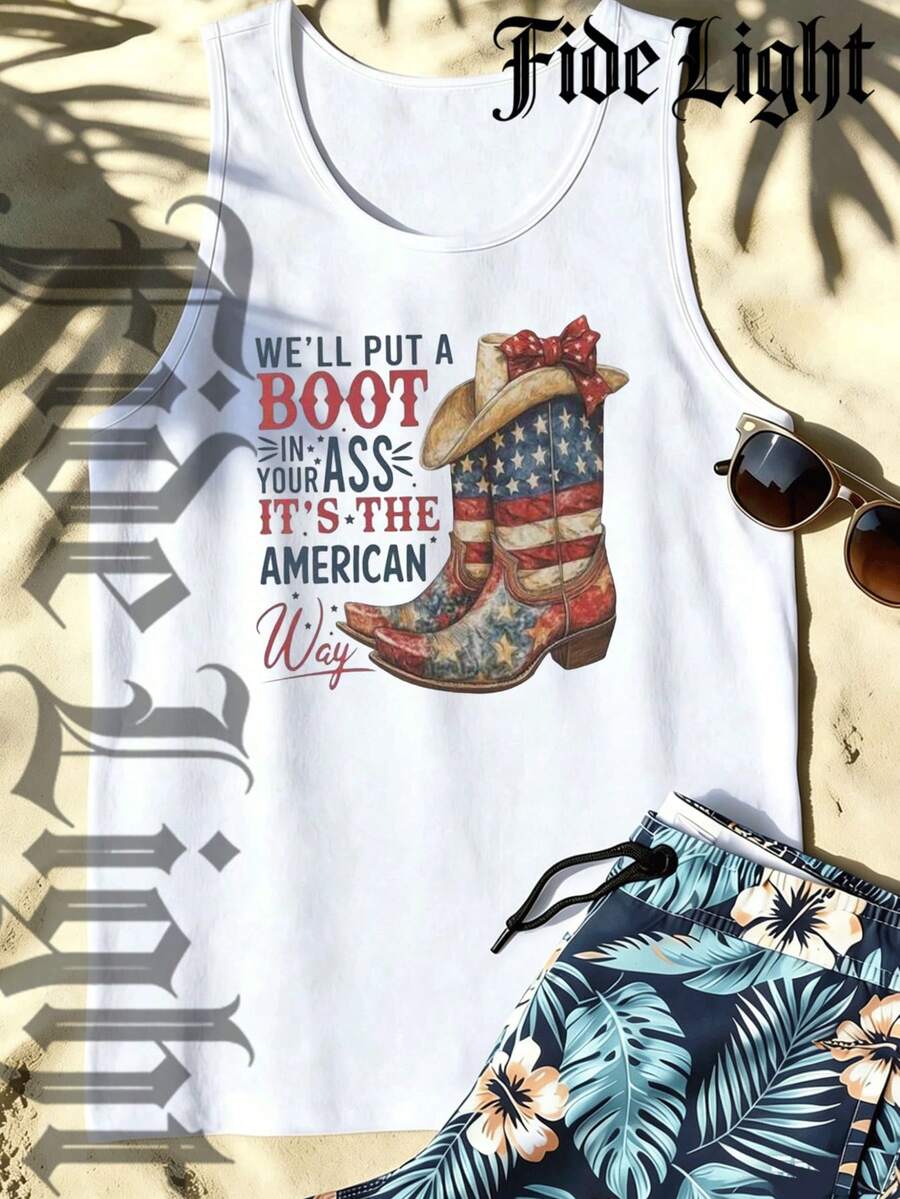Patriotic Cowboy Boot Design Men's 100% Cotton Printed Sleeveless Tank Top Slightly Stretchy Crew Neck Casual Summer Vest Machine Washable - trắng - Xem 1