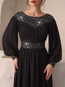 UNITHORSE Round Neck Lantern Sleeve Waist Cinched Sequin Patchwork Chiffon Evening Gown - Black - View 4