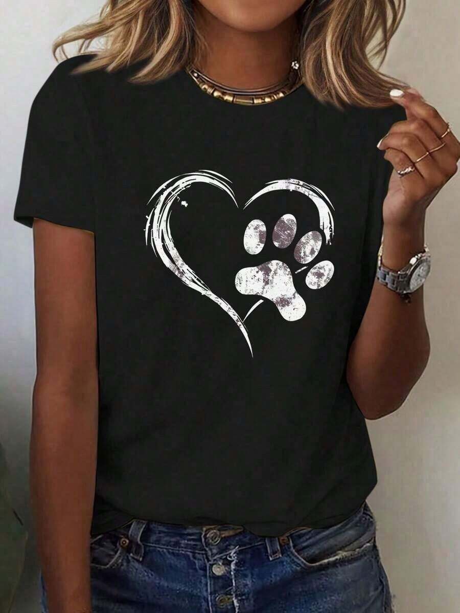 Blusas para mujer: Camiseta casual de manga corta con cuello redondo y estampado de pata de perro y corazón, camisetas gráficas para mujer - Tela suave, adecuada para primavera, verano y otoño. - Negro - Ver 1